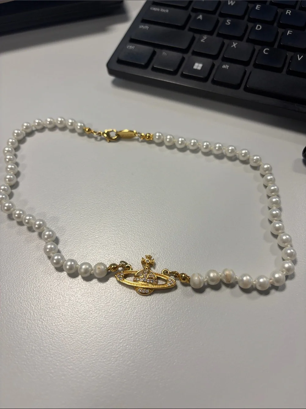 Gold-Tone Orb Pearl Choker Necklace in White and Gold